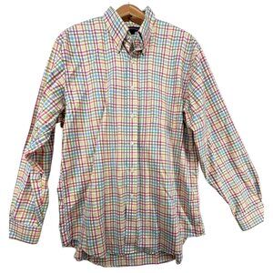 Lands End Mens Button Shirt Sz 16.5 Pink Plaid Long Slv Cotton Classic Preppy
